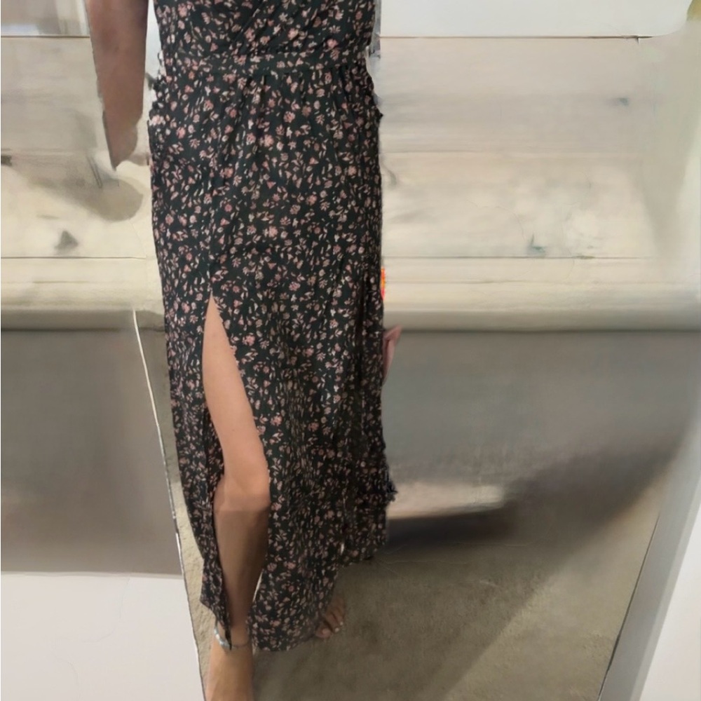 Forest Green Floral Maxi Skirt with Front Slit